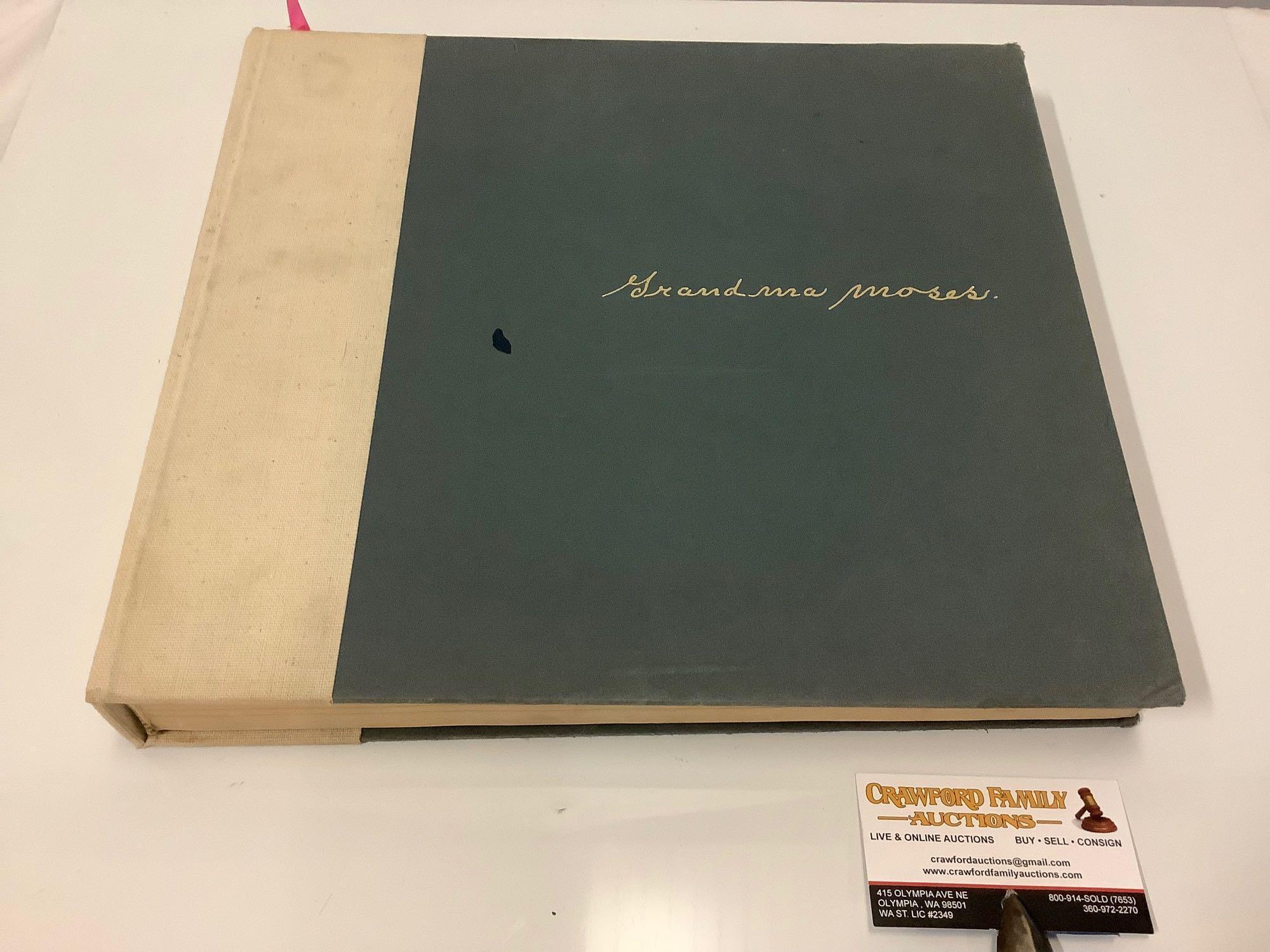 Grandma Moses hardbound art book, approx. 13.5 x 12.5 inches. Shows wear, binding split at book?s