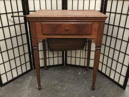 Vintage maple sewing cabinet with no machine, worn top - sold as is