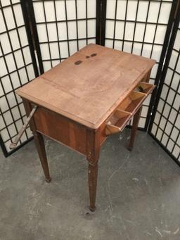 Vintage maple sewing cabinet with no machine, worn top - sold as is