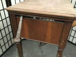 Vintage maple sewing cabinet with no machine, worn top - sold as is