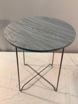 Modern round side table / plant stand w/ metal frame, approximately 18 x 20 inches.