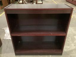 Vintage 3-shelf wood bookshelf, shows wear, missing 1 set of shelf brackets, sold as is.