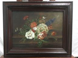 Framed Print on Canvas Floral Scene, unsigned