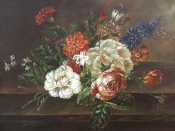 Framed Print on Canvas Floral Scene, unsigned