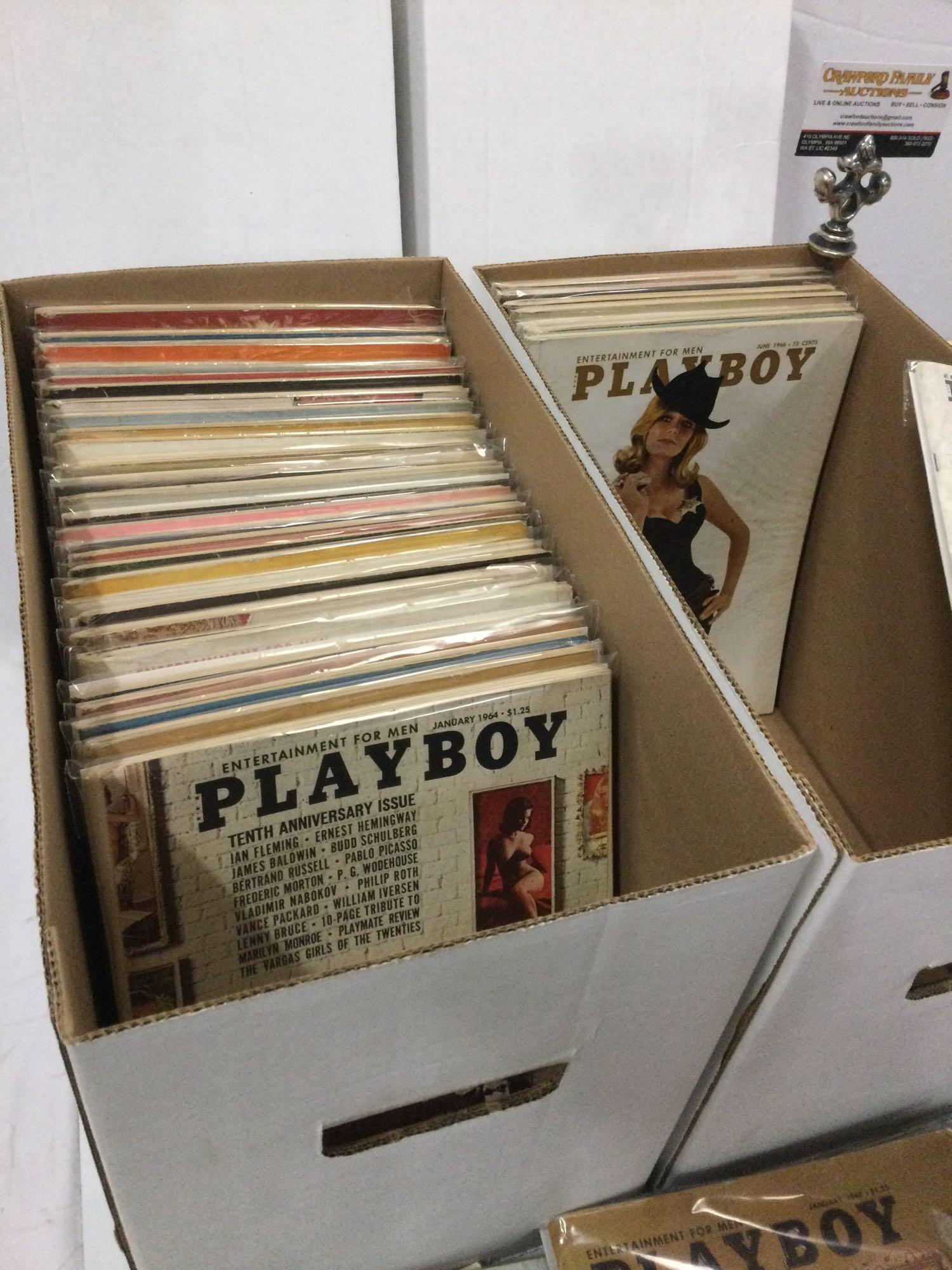 2 boxes /60 + vintage 60s PLAYBOY MAGAZINES, all in bags, some missing covers/torn pages