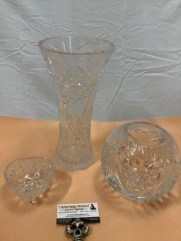 3 pc. lot of vintage crystal home decor; vases, footed catch-all dish , approx 12 x 6 in.