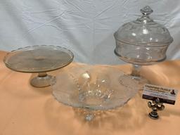 3 pc. lot of vintage glass home decor; cake stand, floral footed dish, pedestal bowl w/ lid