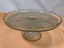 3 pc. lot of vintage glass home decor; cake stand, floral footed dish, pedestal bowl w/ lid