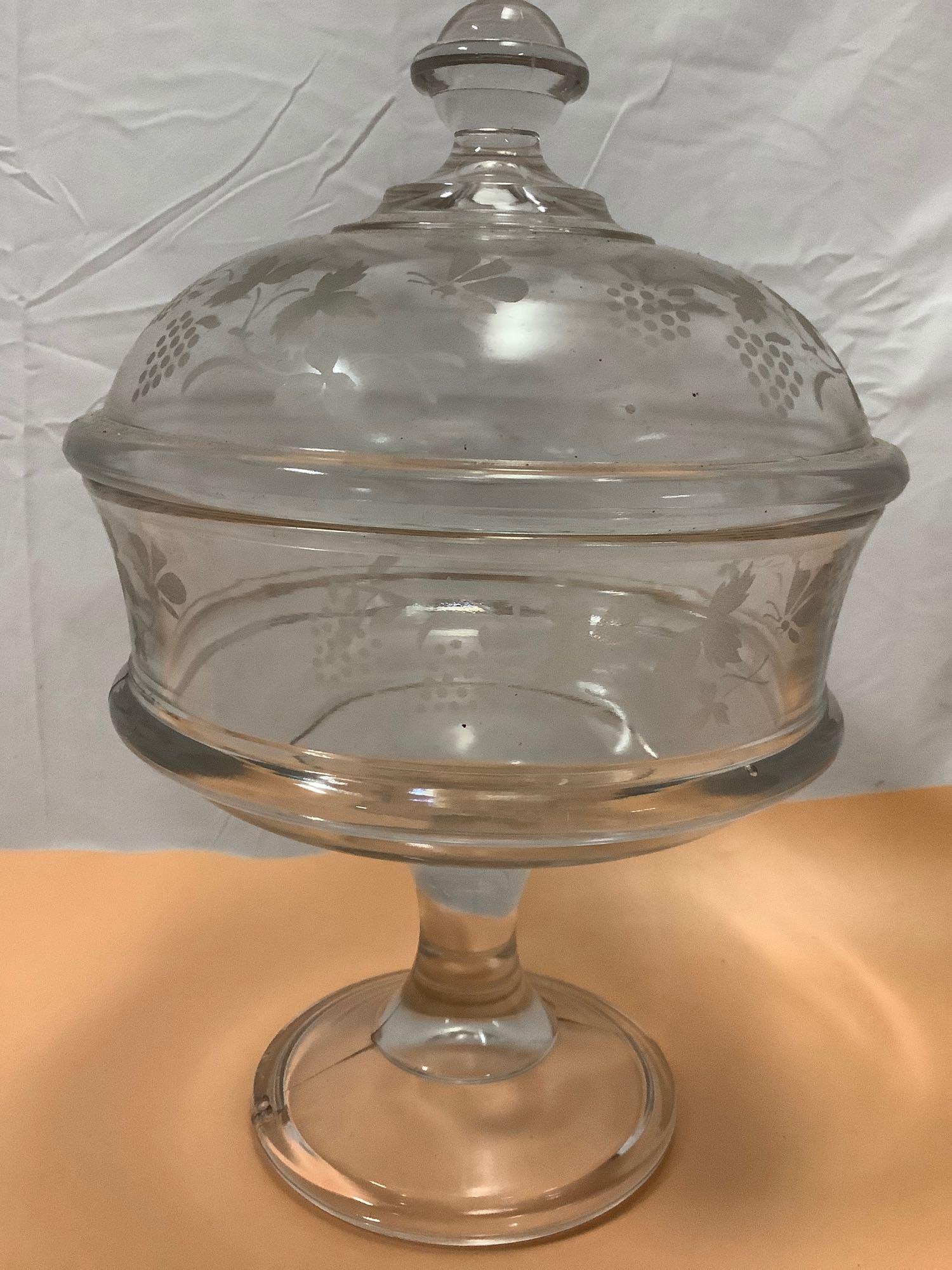 3 pc. lot of vintage glass home decor; cake stand, floral footed dish, pedestal bowl w/ lid