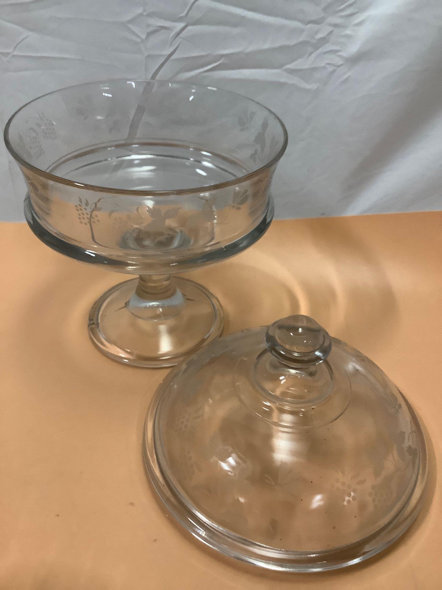 3 pc. lot of vintage glass home decor; cake stand, floral footed dish, pedestal bowl w/ lid