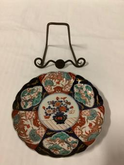 Vintage hand painted Chinese plate w/ metal stand, approx 8 in.