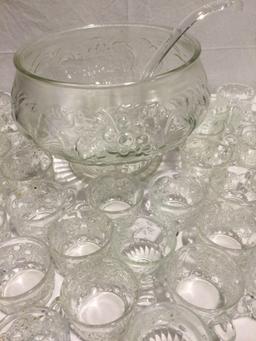 Glass Punch bowl w/ ladle and large cup set w/ approx 39 cups