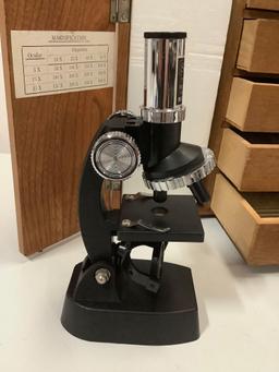 Vintage Sears power microscope kit with wooden case, slides, jars & more