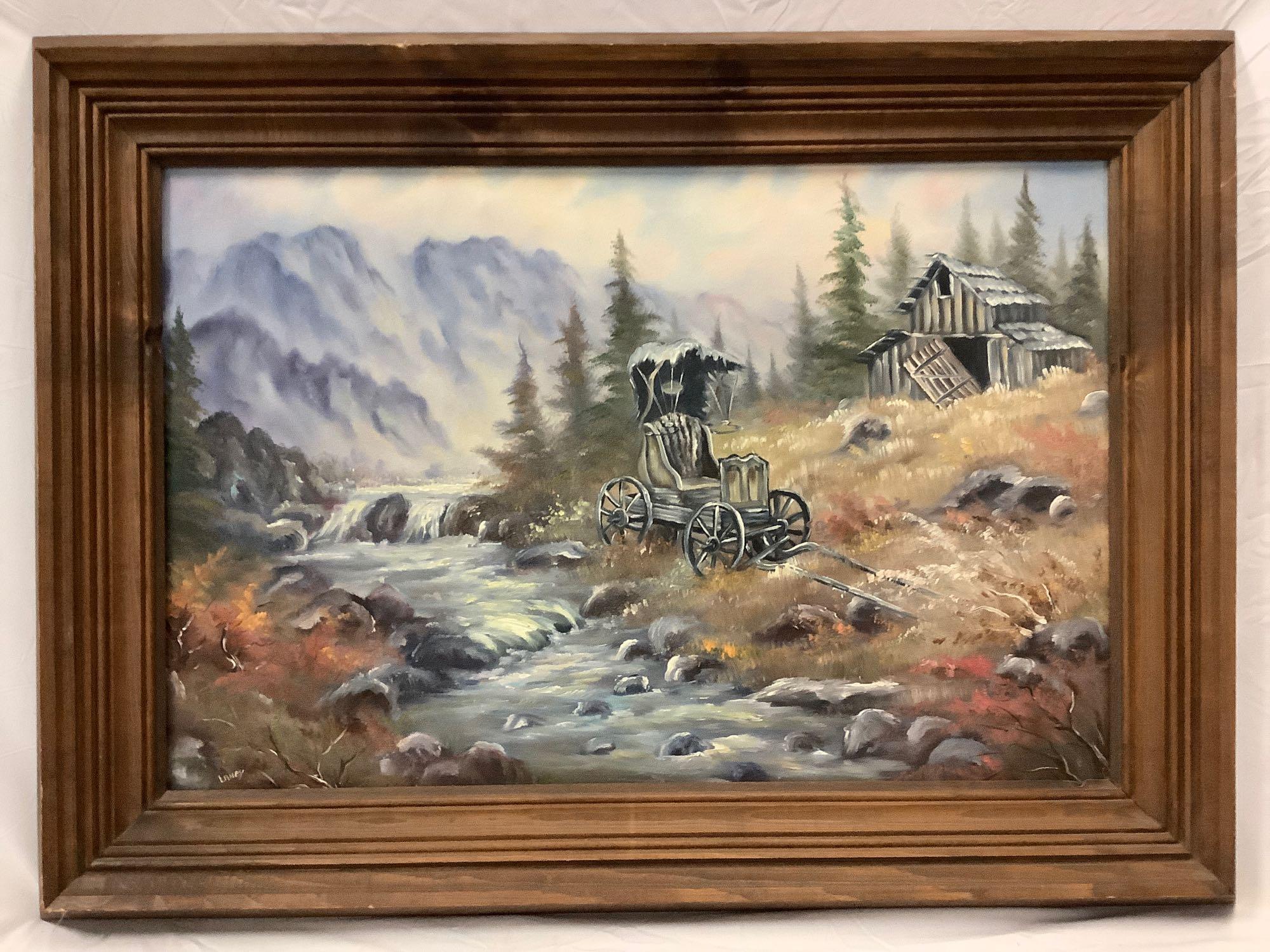 Large framed original canvas painting of abandoned mountain farm signed by artist Laney