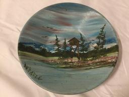 2 pc. lot of vintage hand-painted tin bowls: Alaska by Debbie Pierce, bear standing in creek.