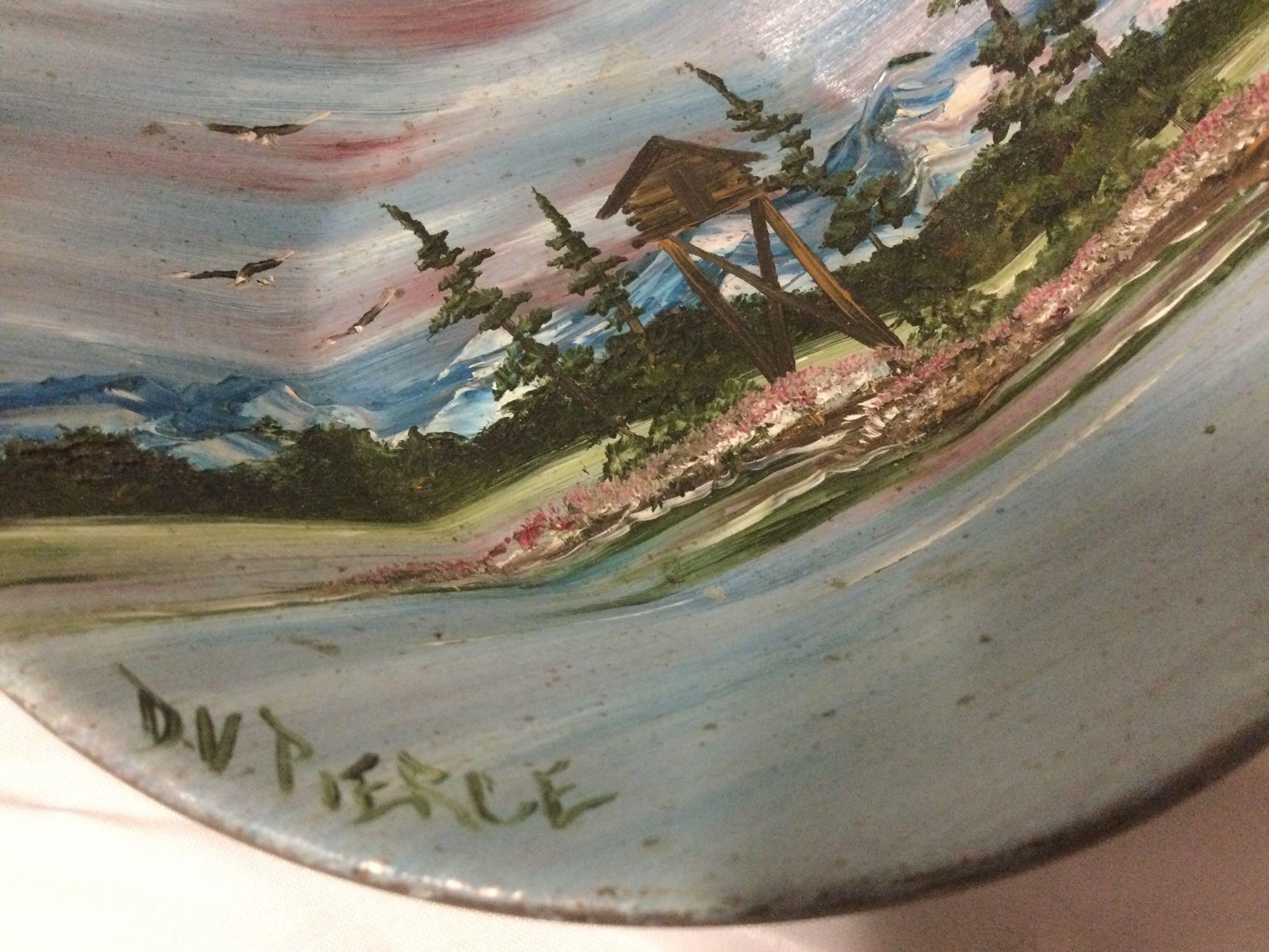 2 pc. lot of vintage hand-painted tin bowls: Alaska by Debbie Pierce, bear standing in creek.