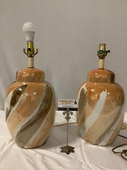 A pair of matching vintage ceramic bass lamps, tested and working, no shades.