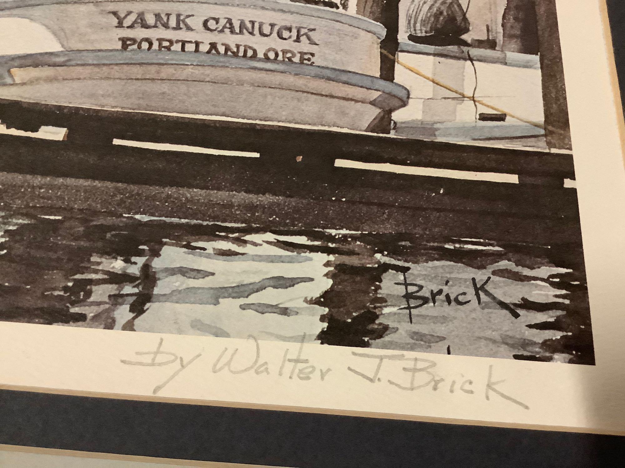 Yank Canuck by Walter J. Brick, hand signed and titled watercolor art print of docked boat, approx