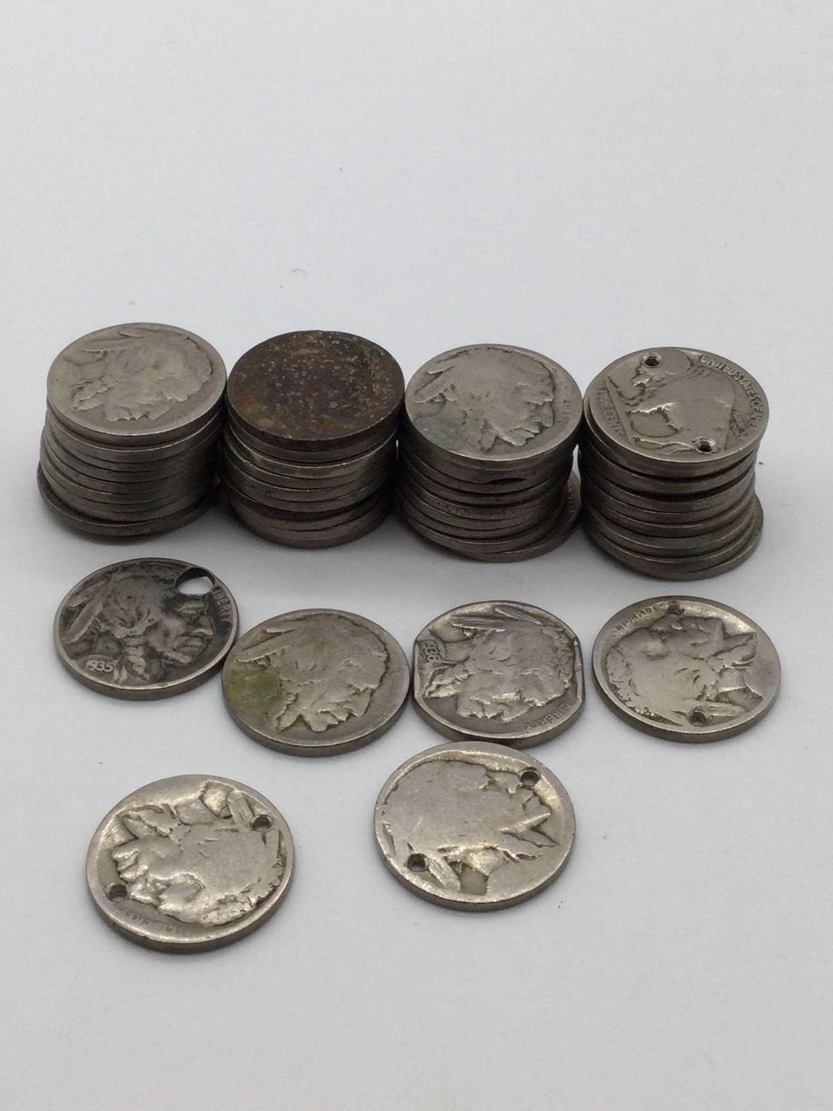 Approx 46 Buffalo nickels mostly no dates , some w/ dates , and some are holed for jewelry purposes