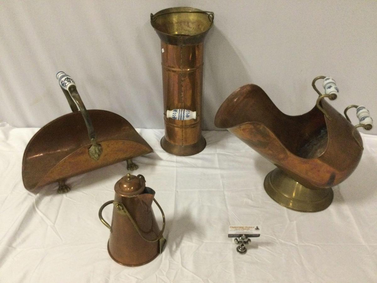 4 pc. copper decor; 3x made in Holland, coal scuttle, log holder, umbrella holder, Douro kettle w/