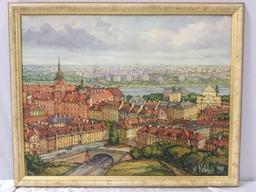 Large framed original canvas city view painting signed by artist M. Kotanski, 1993, minor wear