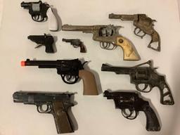 9 pc. lot of vintage toy cap guns / metal prop replica pistols in nice to worn condition; Hubley,