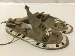 Pair of RARE antique Native American child size leather moccasins w/ intricate bead work, authentic