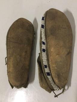 Pair of RARE antique Native American child size leather moccasins w/ intricate bead work, authentic