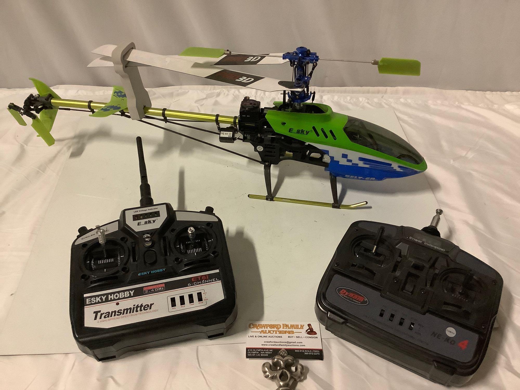 E Sky Hobby Pro 3D radio controlled helicopter, w/ 2 controllers, untested, sold as is. Approx 25 x