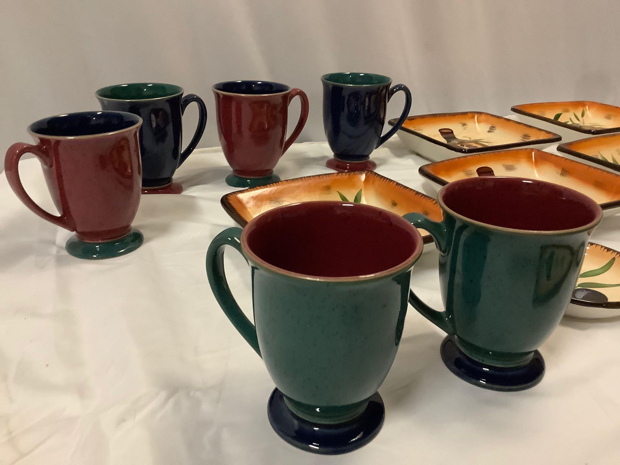 27 pc. lot of Denby - England stoneware mugs, 3 colors & set of Muckleshoot Casino olive design