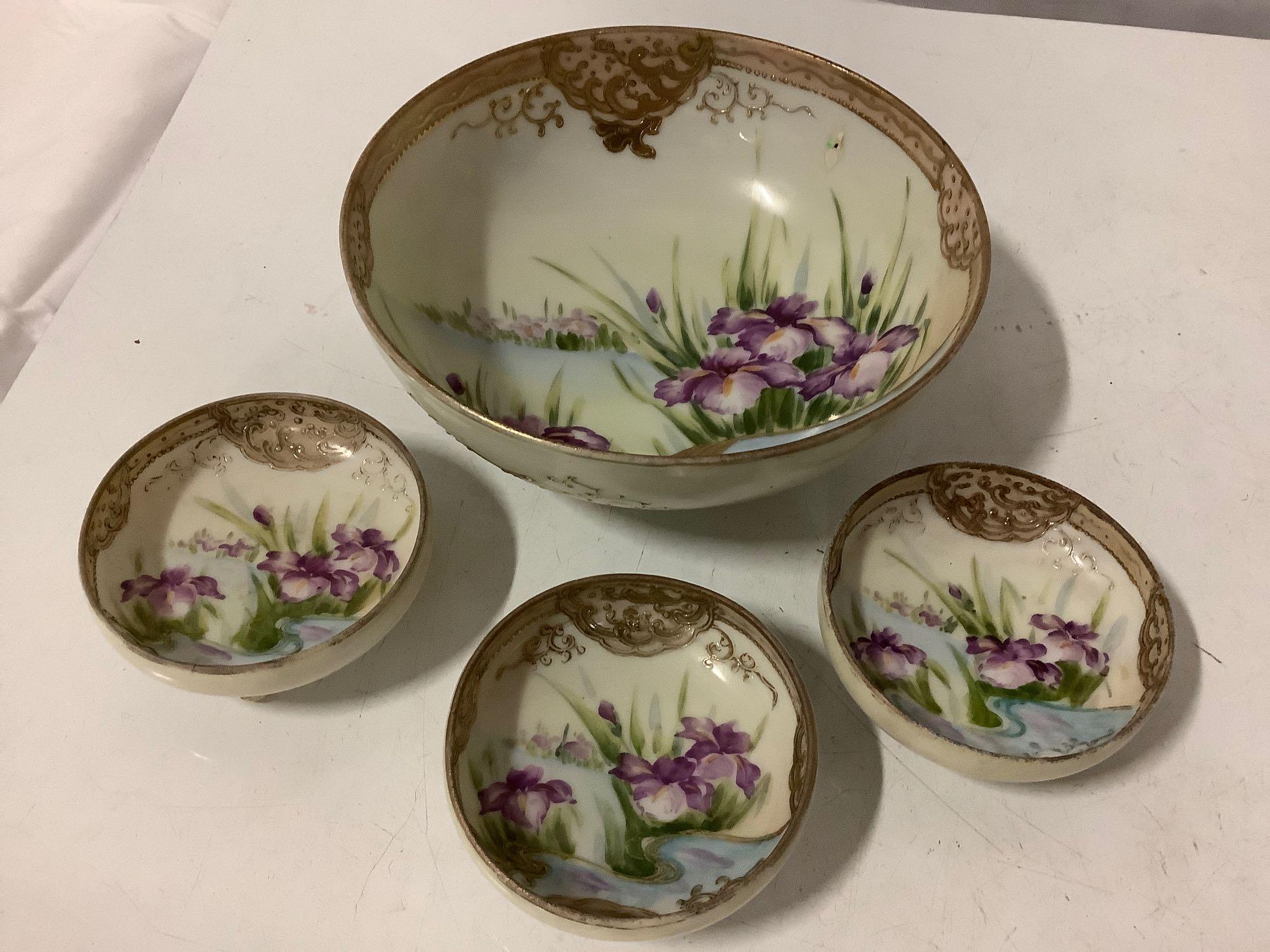 8 pc. lot of antique floral bowls / plate: Nippon hand painted bowls, Wood & Sons - England
