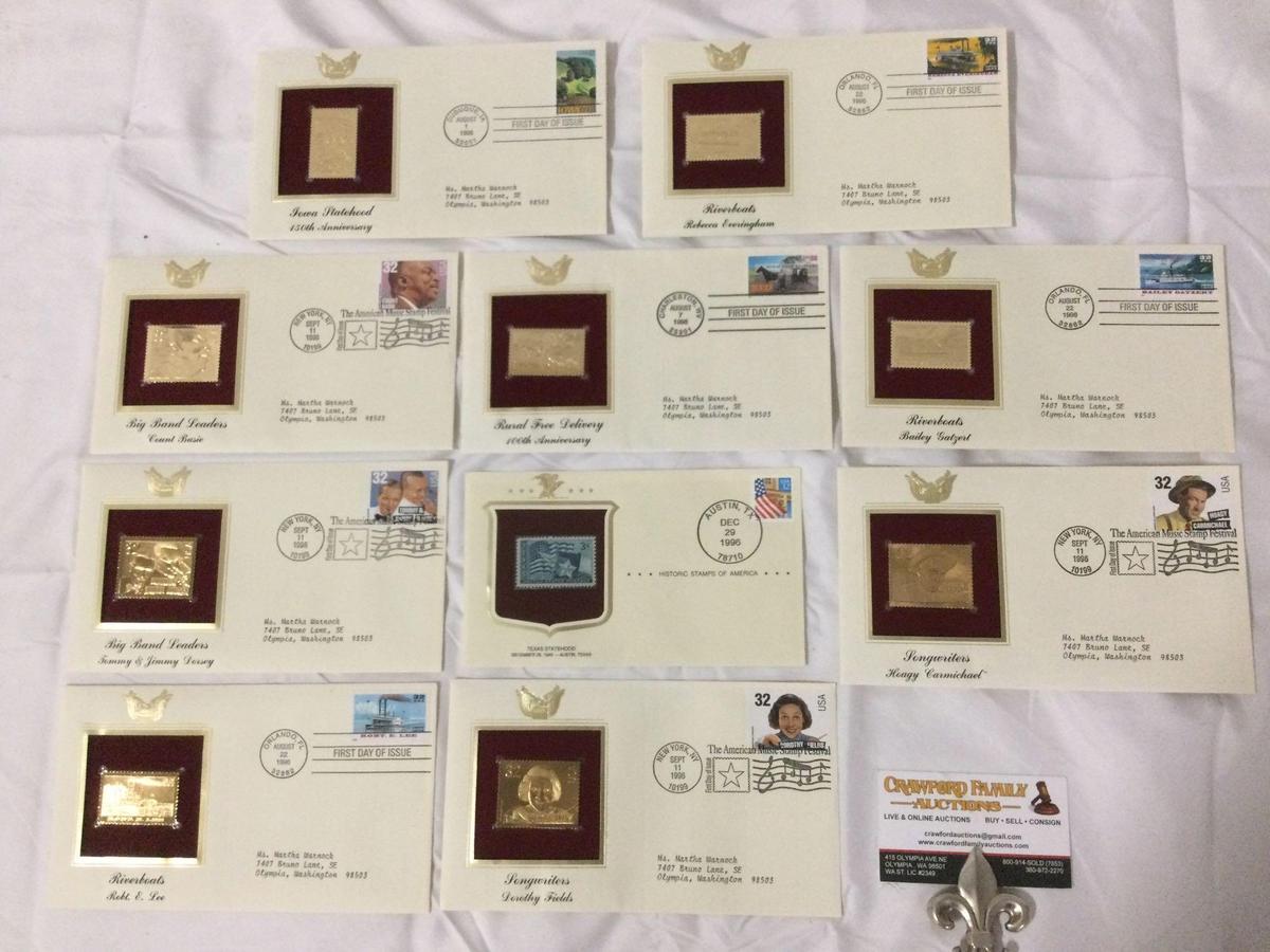 10 pc. lot of 1996 USA First Day of Issue / gold foil replica stamps w/ envelopes.