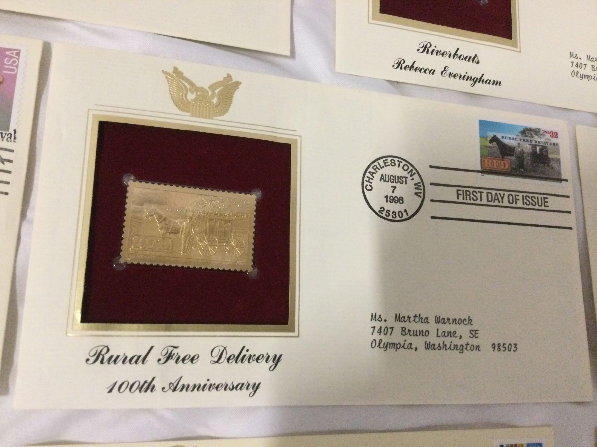 10 pc. lot of 1996 USA First Day of Issue / gold foil replica stamps w/ envelopes.