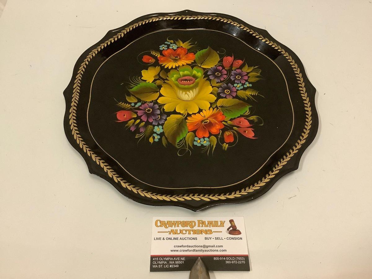 Vintage metal serving plate with hand-painted floral design, approx 12 inches.