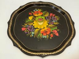 Vintage metal serving plate with hand-painted floral design, approx 12 inches.
