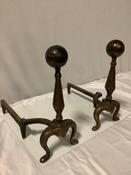 Pair of vintage metal fireplace andirons, approx 20 x 8 x 17 in. each.