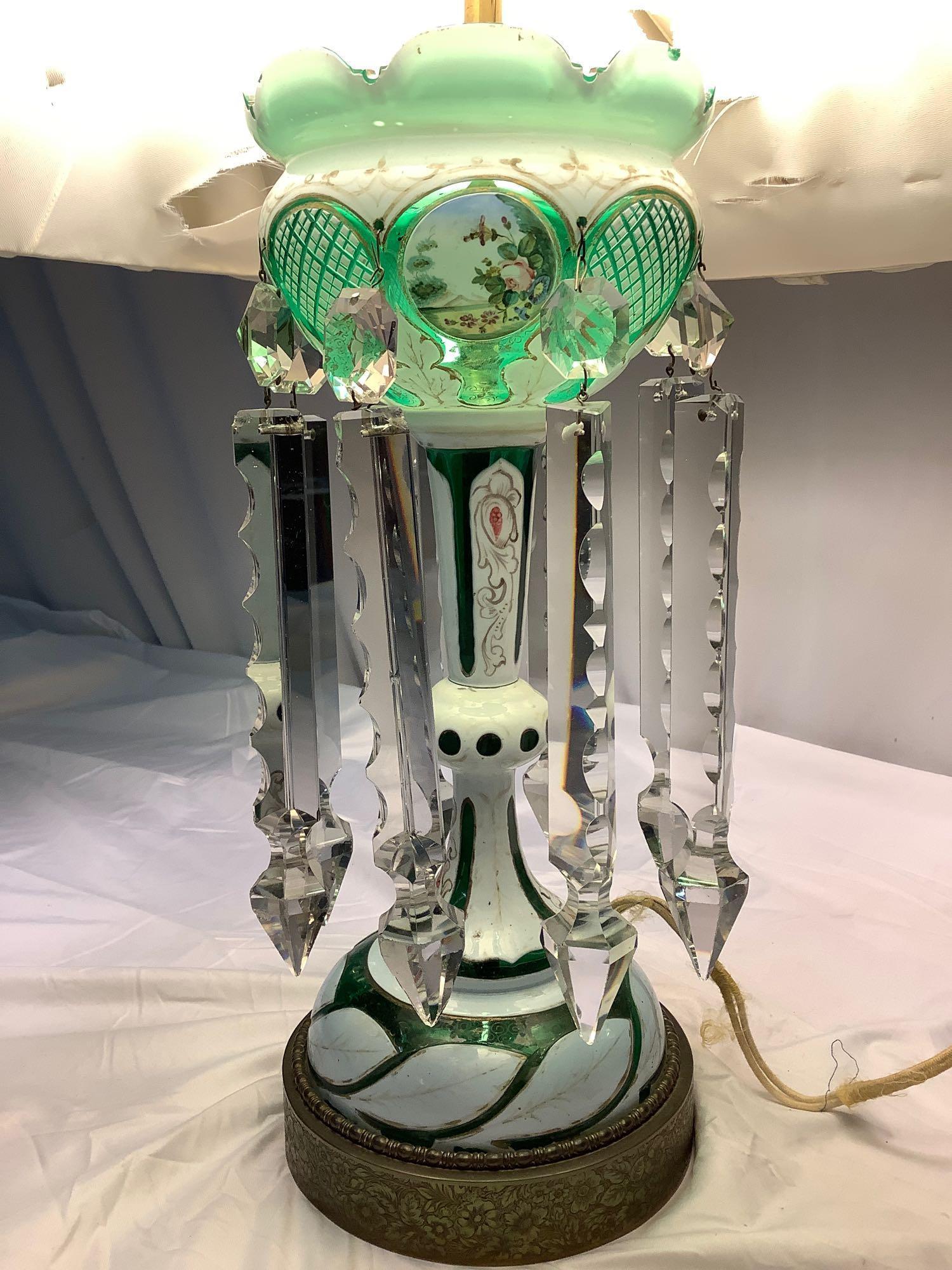 Antique Charles Star art glass lamp w/ crystal dangles and frilled shade, tested/working, sold as