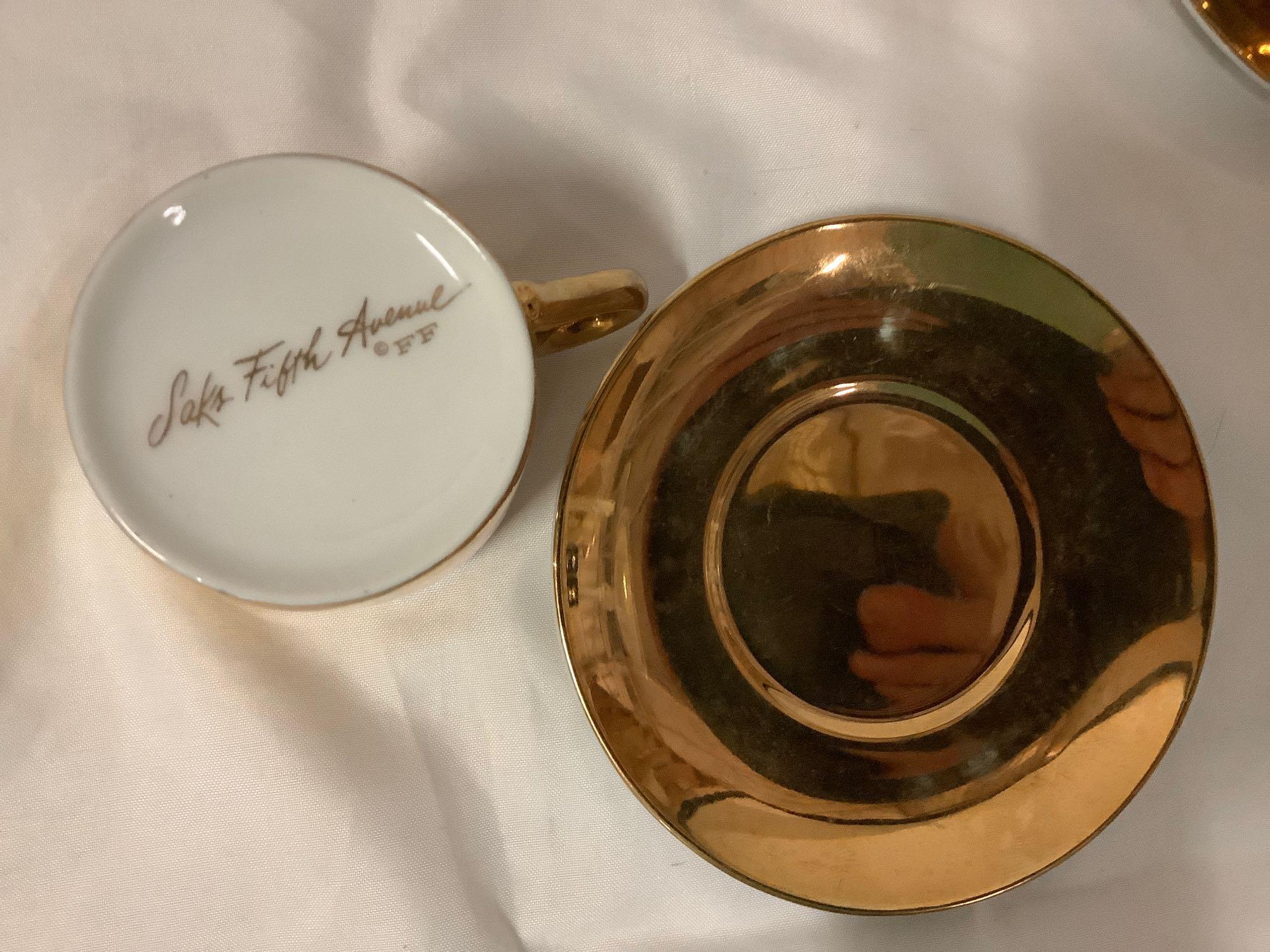 15 pc. lot of FF - Fitz & Floyd Saks Fifth Avenue gold porcelain demitasse cup & saucer sets w/