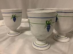 7 pc. lot of antique / vintage handmade glazed ceramic wine goblets w/ grape bushel design, see