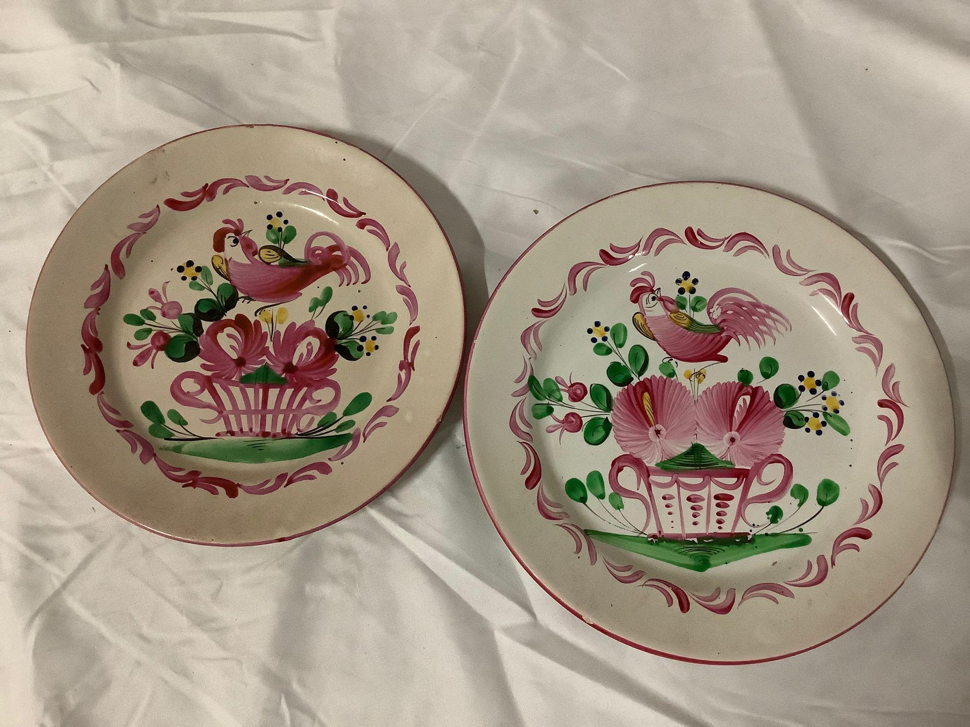 Old antique 12 pc. lot of French hand painted floral / rooster / female figure ceramic plates, tea
