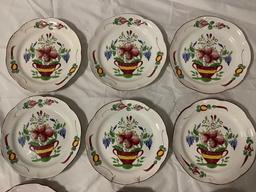 Old antique 9 pc. lot of French hand painted floral ceramic plates, 1 signed, w/ wall hangers, see