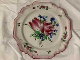 Old antique 9 pc. lot of French hand painted floral ceramic plates, 1 signed, w/ wall hangers, see