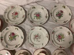 Old antique French Keller & Guerin LUNEVILLE floral ceramic tableware, 37 pieces; tea cups/ saucers,