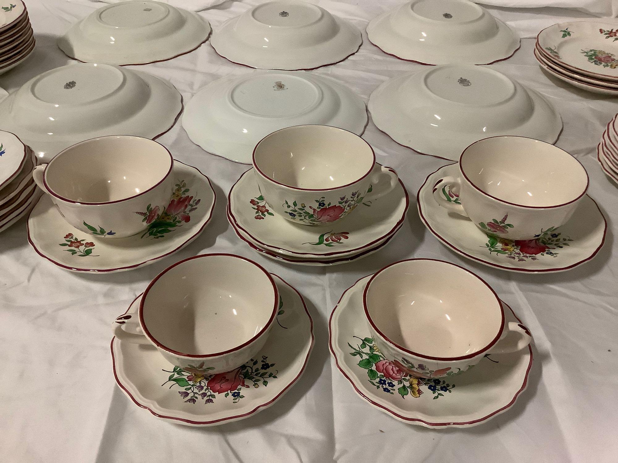 Old antique French Keller & Guerin LUNEVILLE floral ceramic tableware, 37 pieces; tea cups/ saucers,