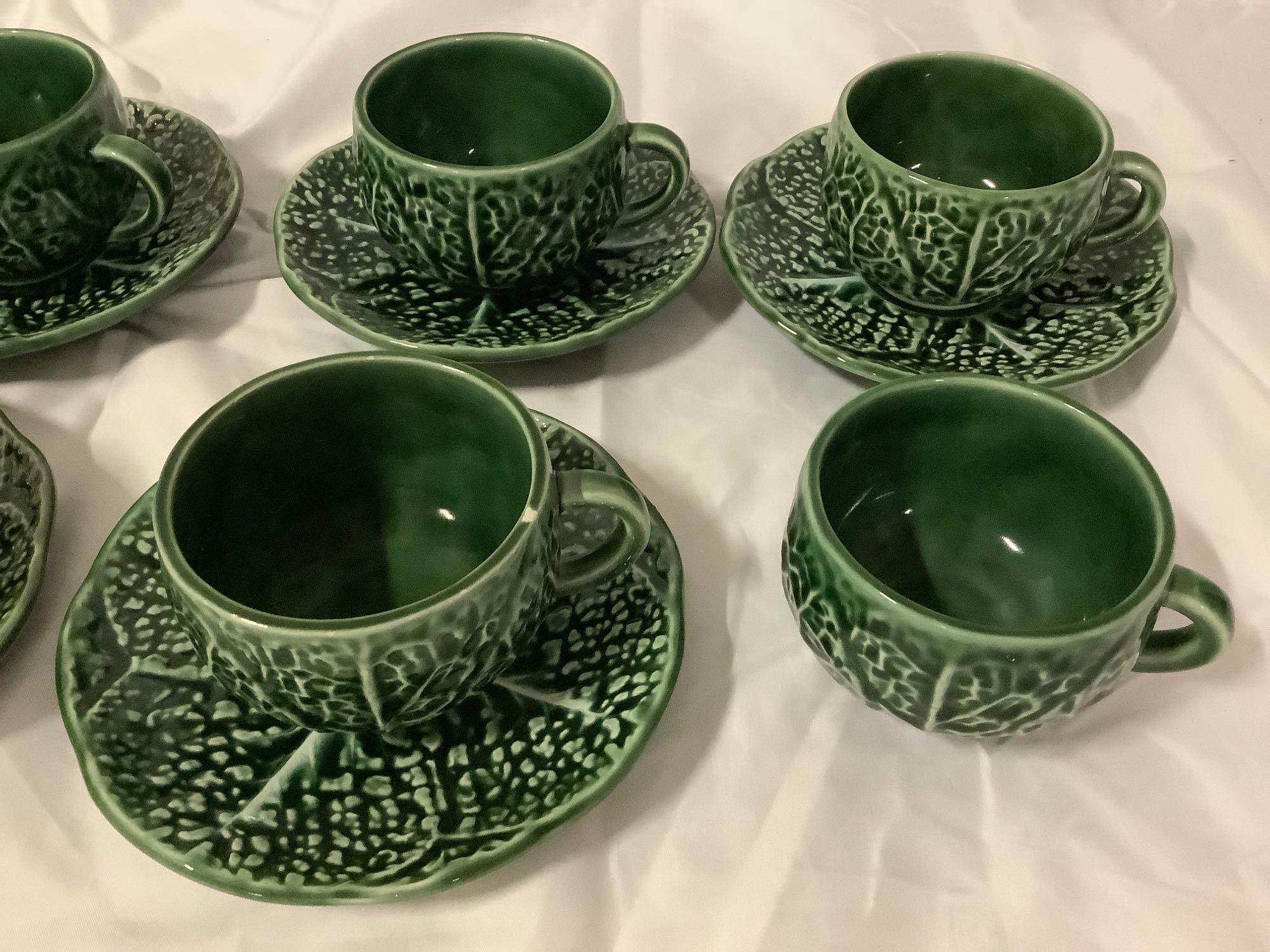 43 pc. Vintage cabbage ceramic tableware from Portugal; bowls, plates, cup & saucer, cabbage leaf