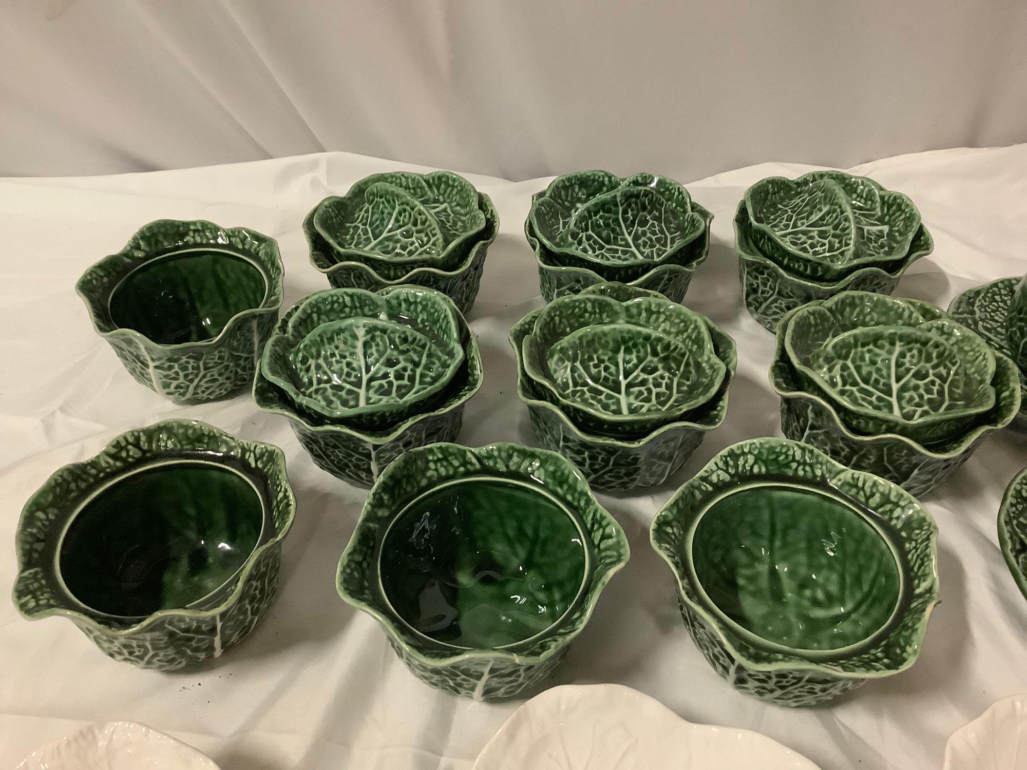43 pc. Vintage cabbage ceramic tableware from Portugal; bowls, plates, cup & saucer, cabbage leaf
