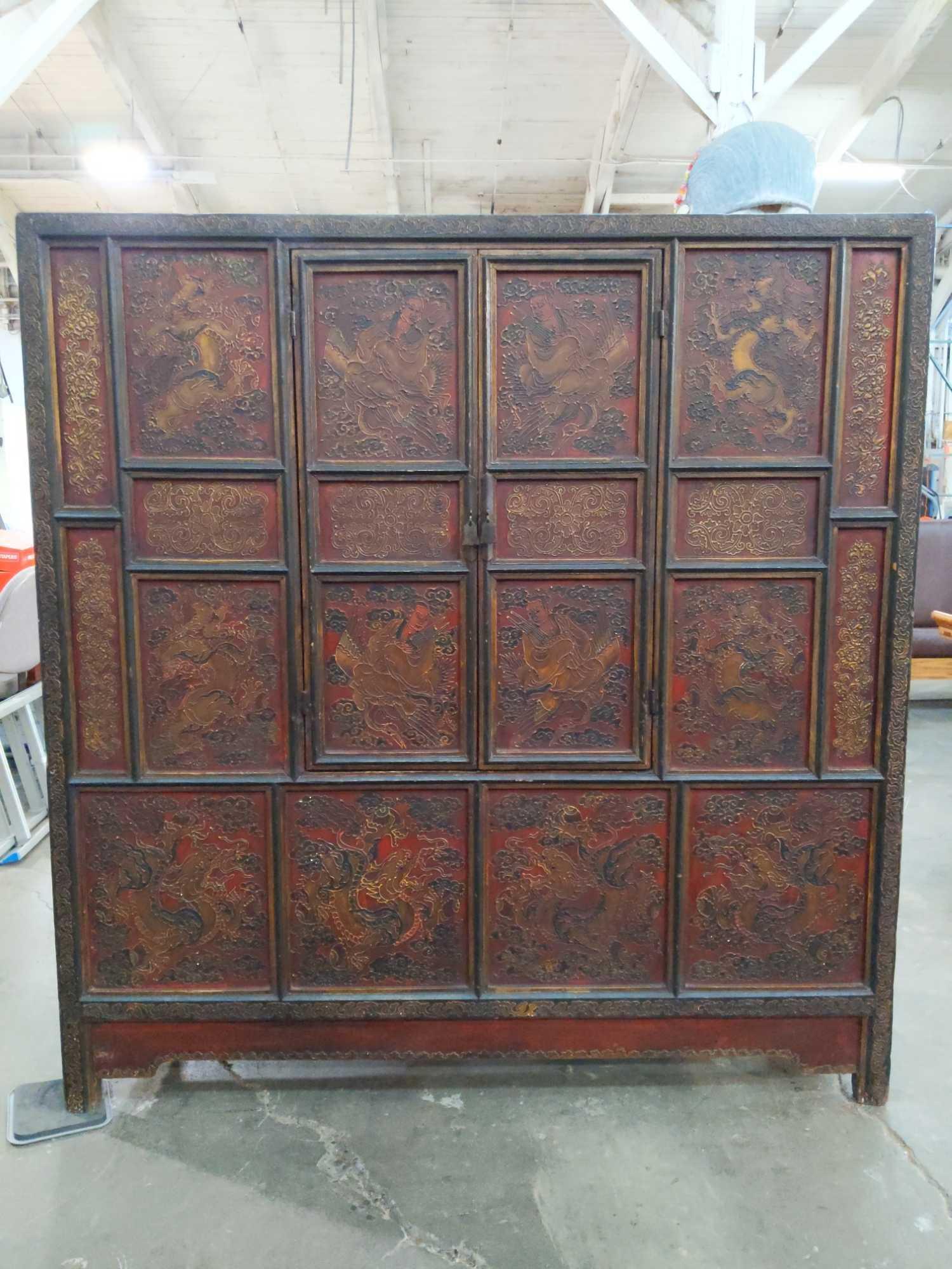 Stunning Antique 19th century (?) Mahogany Chinese Cabinet w/ Ornate Scene on front, see desc