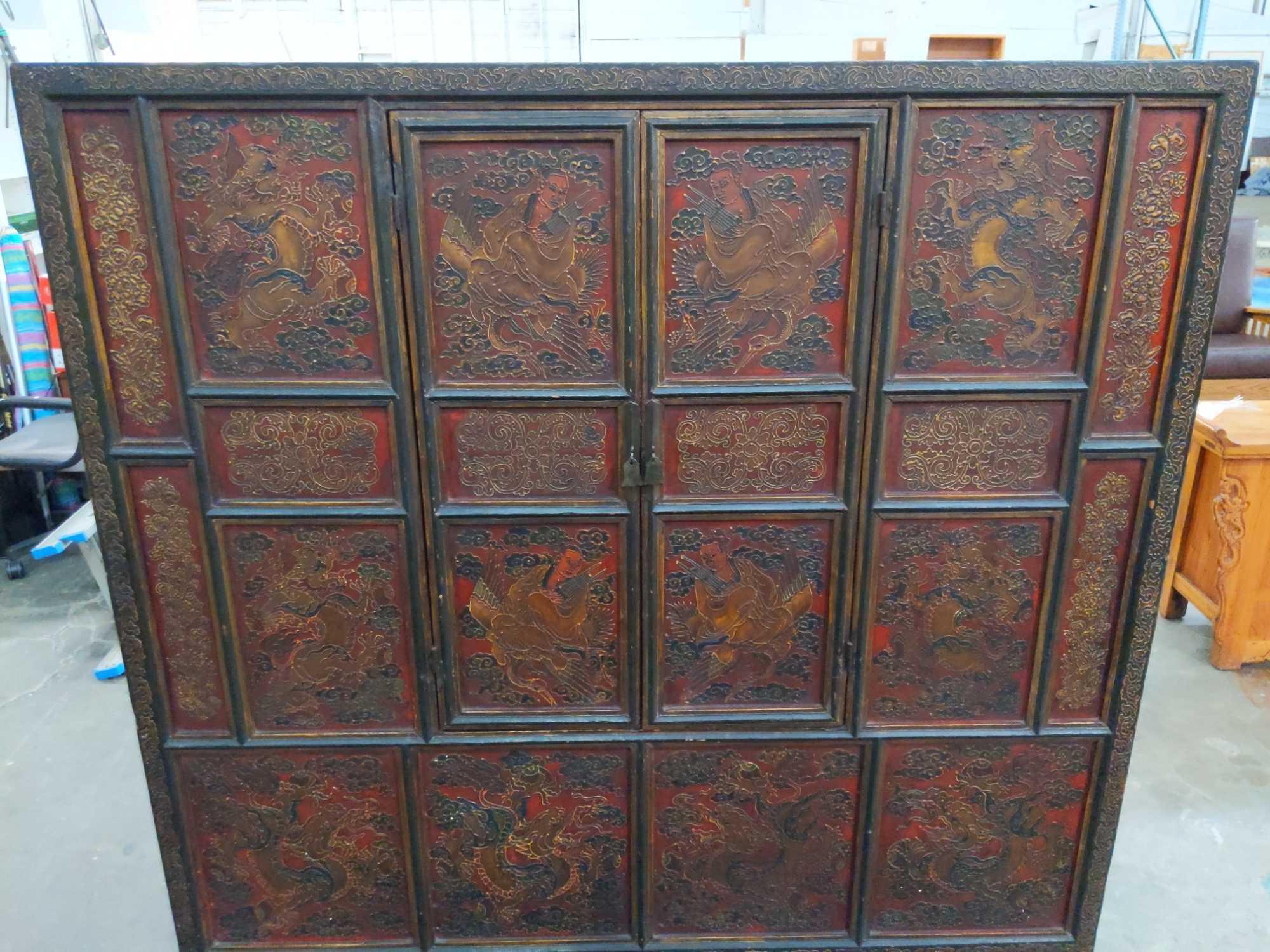 Stunning Antique 19th century (?) Mahogany Chinese Cabinet w/ Ornate Scene on front, see desc