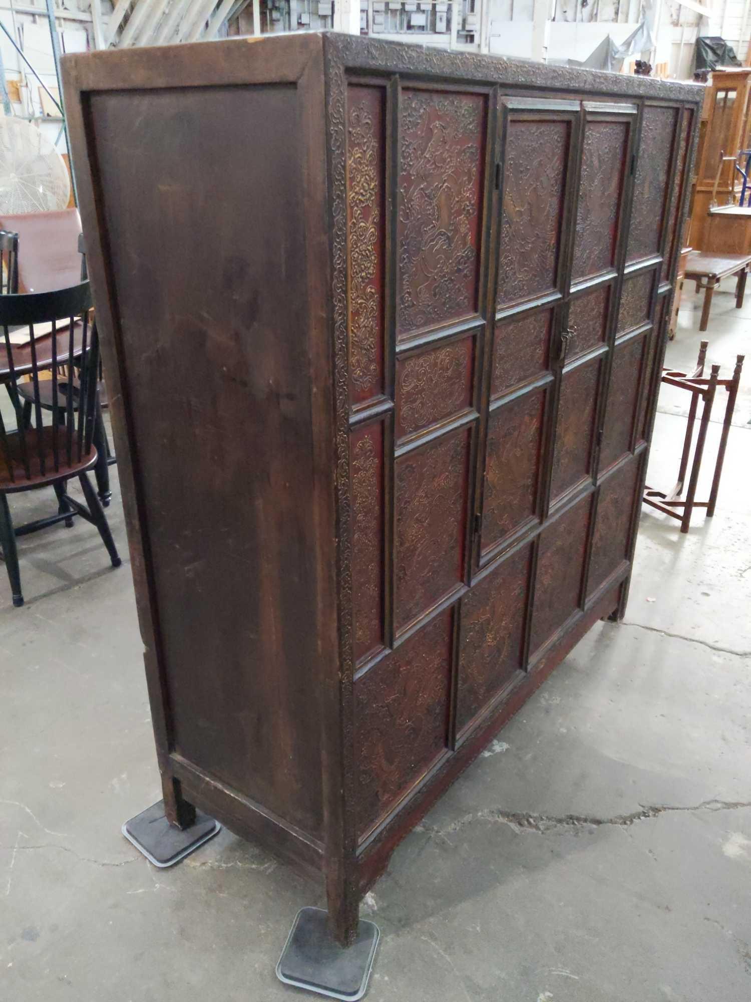 Stunning Antique 19th century (?) Mahogany Chinese Cabinet w/ Ornate Scene on front, see desc