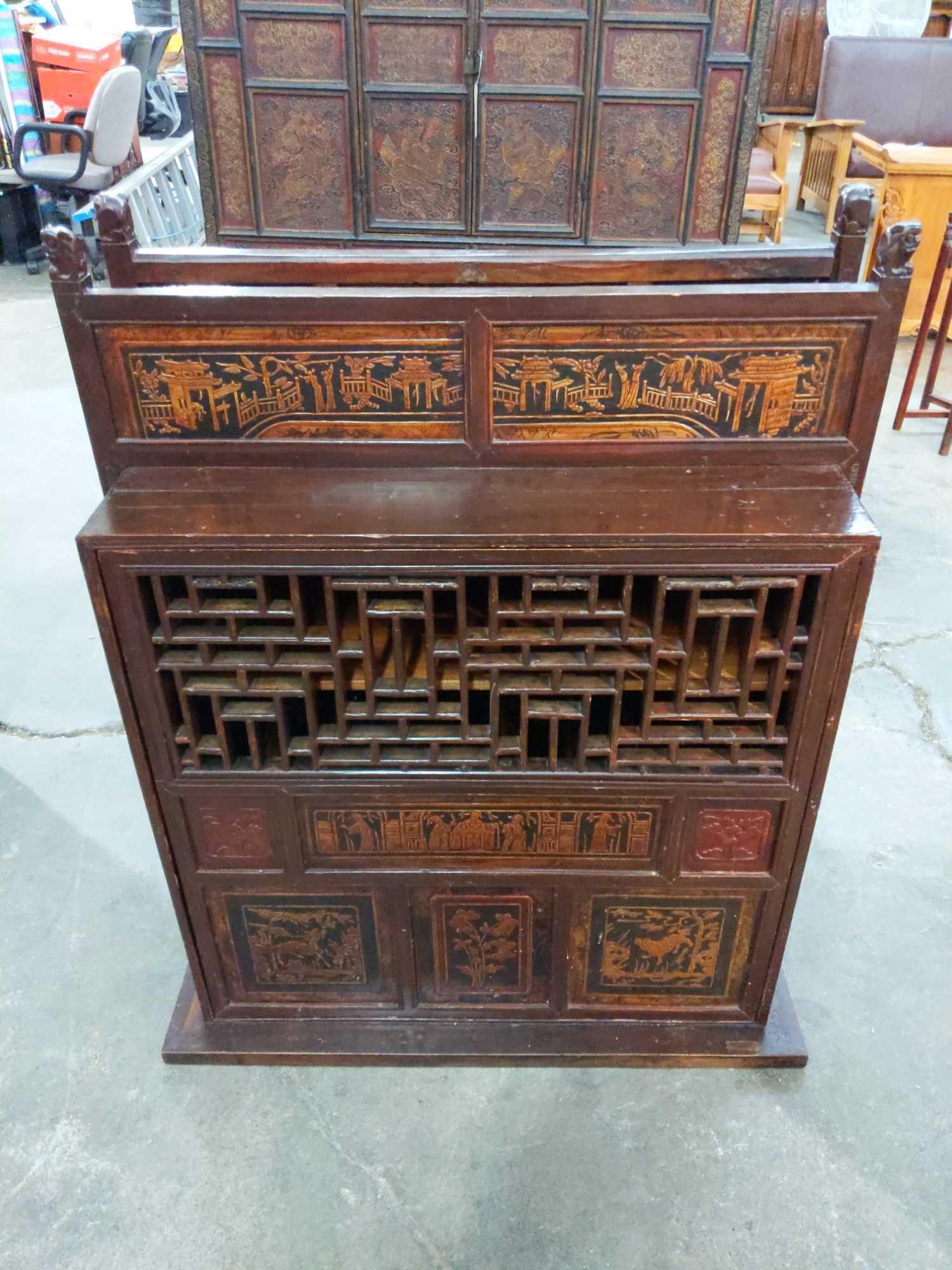 antique Elmwood(?) Chinese Wedding Cabinet & Wine Rack w/ Ornate Artwork see pics